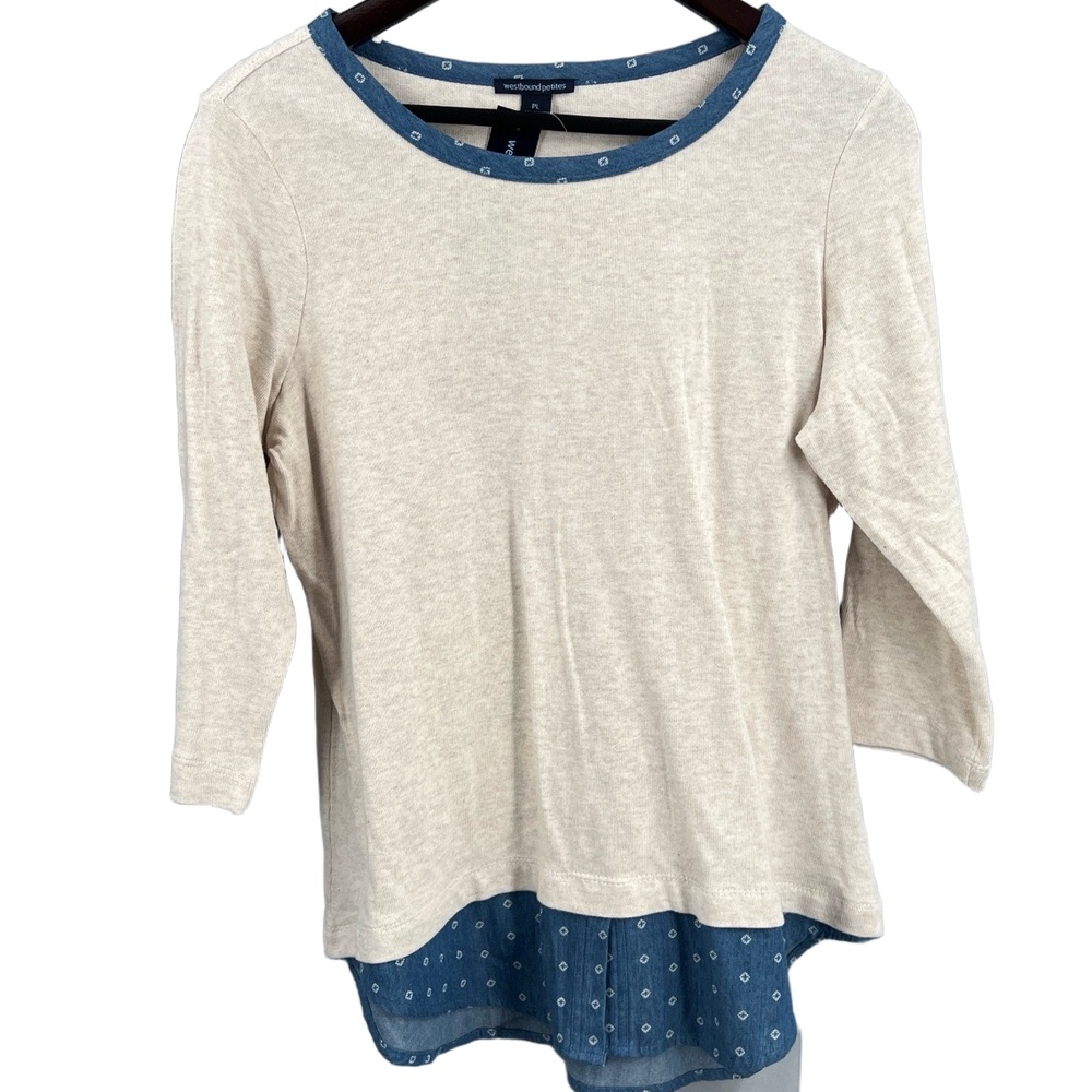 Westbound Petite Layered Look Sweater Beige Blue Hem Faux Shirt PL New